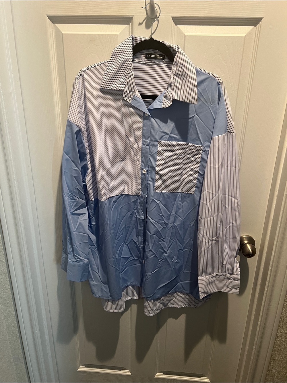 SHEIN Patchwork Light Blue & White Button-Down Shirt